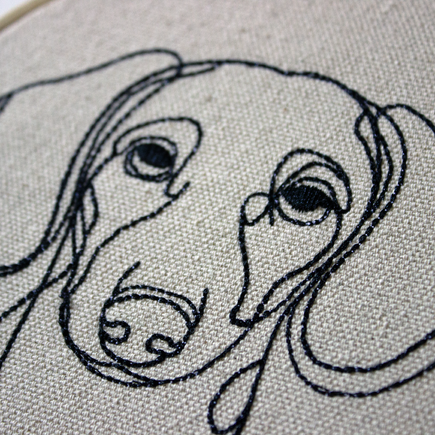 Embroidery of a dog's face on fabric